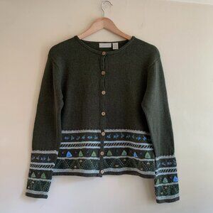 VTG J Jill Crewneck Cardigan Silk Wool Blend Green Embroidery Women's Size S/M